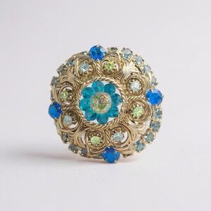 Elegant Gold and Blue Vintage Domed Brooch (approximately 2 inches)
